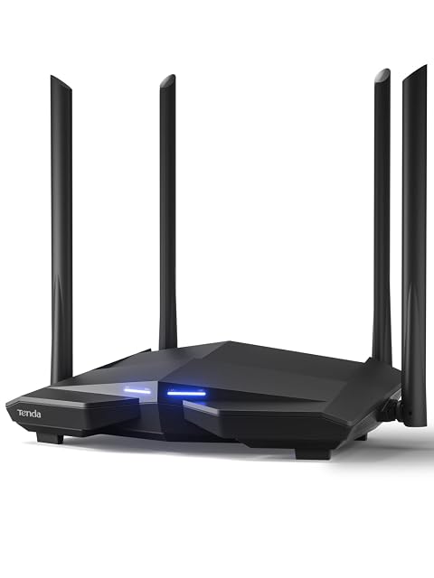 Router Tenda AC10 negro y plano con cuatro antenas externas levantadas